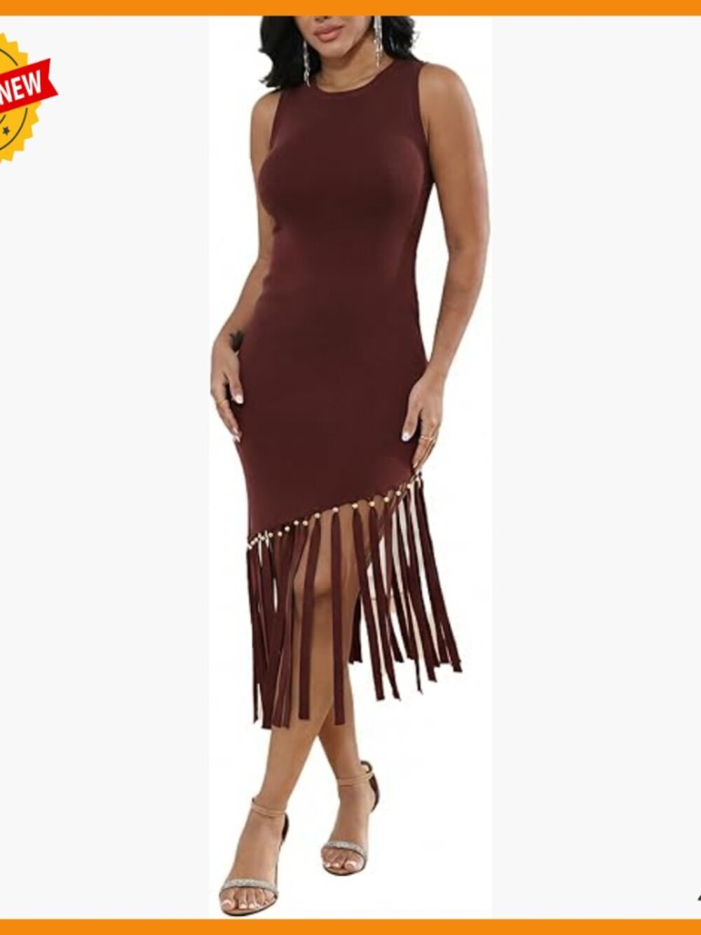 Sleeveless Ribbed Knit Bodycon Midi Dress with Fringe Tassel Beaded Hem